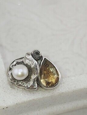 CITRINE PEARL & CLEAR ZIRCONIA HANDMADE IN STERLING SILVER RECYCLED METAL SZ 7.5